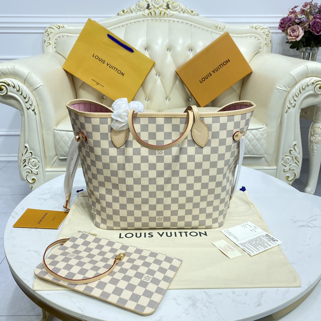 Louis Vuitton NEVERFULL MM  Damier Azur Handbag N41605 Rose Ballerine